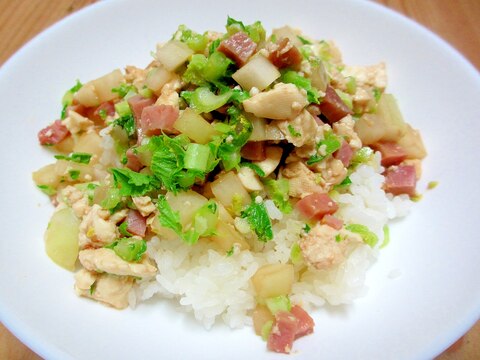 大根とハムのマヨ炒り豆腐丼